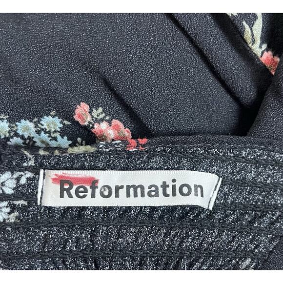 Reformation Aubrey Black Floral Print Midi Dress Tied Cuff Sleeves Slit Size 0 - Picture 8 of 10